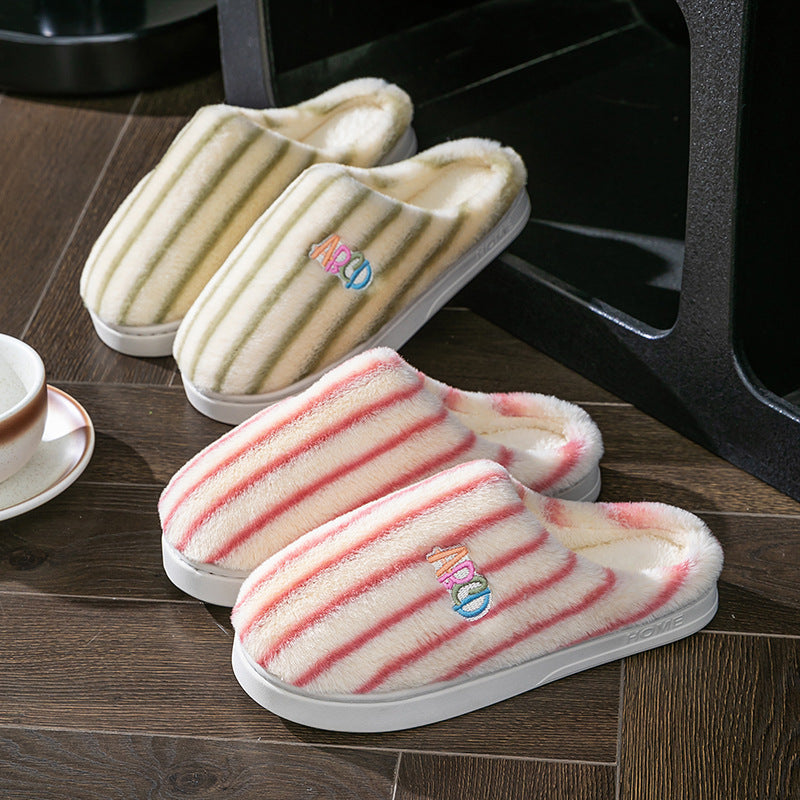 Colorful Vertical Striped Plush Soft Cotton Slippers – Cozy Indoor House Shoes for Women & Men