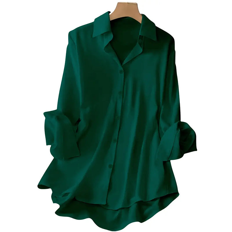Plus Size Women’s Lapel Long Sleeve Shirt – Casual Solid Color Full Button Office Blouse
