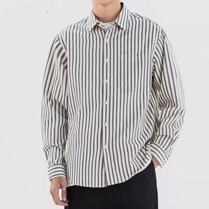 Men’s Loose Retro Striped Shirt – Trendy All-Match Casual Long Sleeve Streetwear