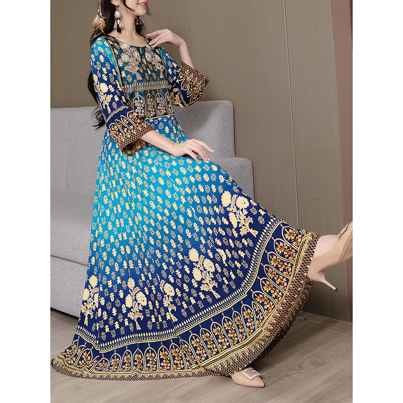 Women’s Bohemian Embroidered Maxi Dress – Square Neck 3/4 Sleeve Flowy Ethnic Style Party Dress