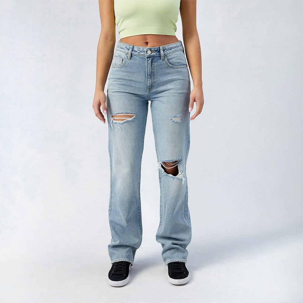 Women’s High-Waist Wide-Leg Jeans – Center-Pleat Full-Length Cotton Denim for All Seasons