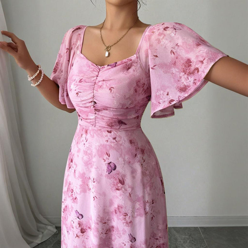 Women’s Square Neck Butterfly Print Maxi Dress – Short Sleeve A-Line Flowy Summer Vacation Dress