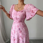 Women’s Square Neck Butterfly Print Maxi Dress – Short Sleeve A-Line Flowy Summer Vacation Dress