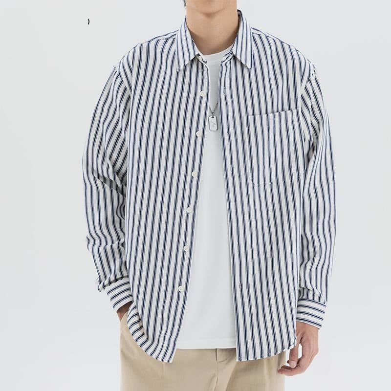 Men’s Loose Retro Striped Shirt – Trendy All-Match Casual Long Sleeve Streetwear