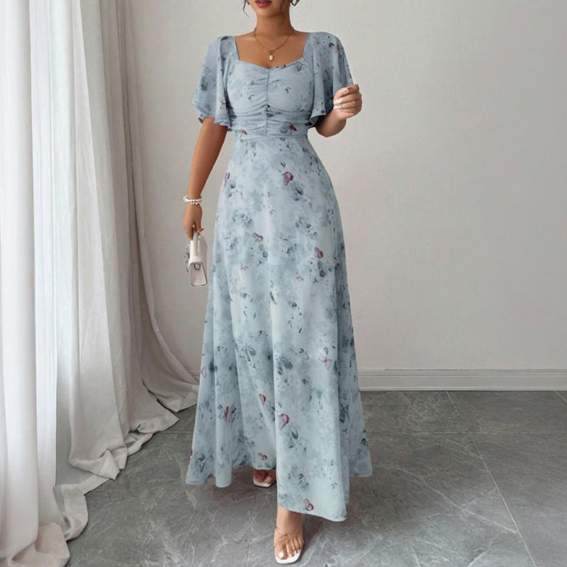 Women’s Square Neck Butterfly Print Maxi Dress – Short Sleeve A-Line Flowy Summer Vacation Dress