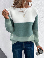Women’s Pullover Knitted Sweater – Fashion Round Neck Splicing Loose Knit Top