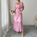 Women’s Square Neck Butterfly Print Maxi Dress – Short Sleeve A-Line Flowy Summer Vacation Dress