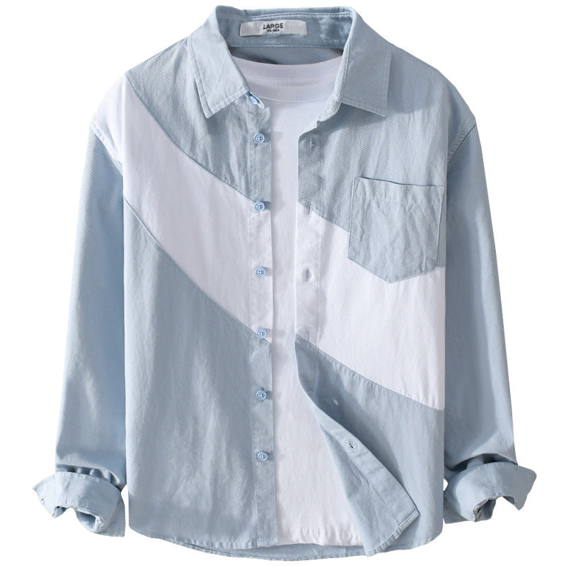 Men’s Leather Stitching Long Sleeve Shirt – Modern Casual Fashion with Premium Detailing