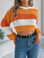 Women's Color-Block Lantern Sleeve Cropped Sweater – Casual Knit Pullover for Fall & Winter