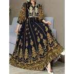 Women’s Boho V-Neck Maxi Dress – Elegant 3/4 Sleeve Ethnic Floral Print Swing Dress