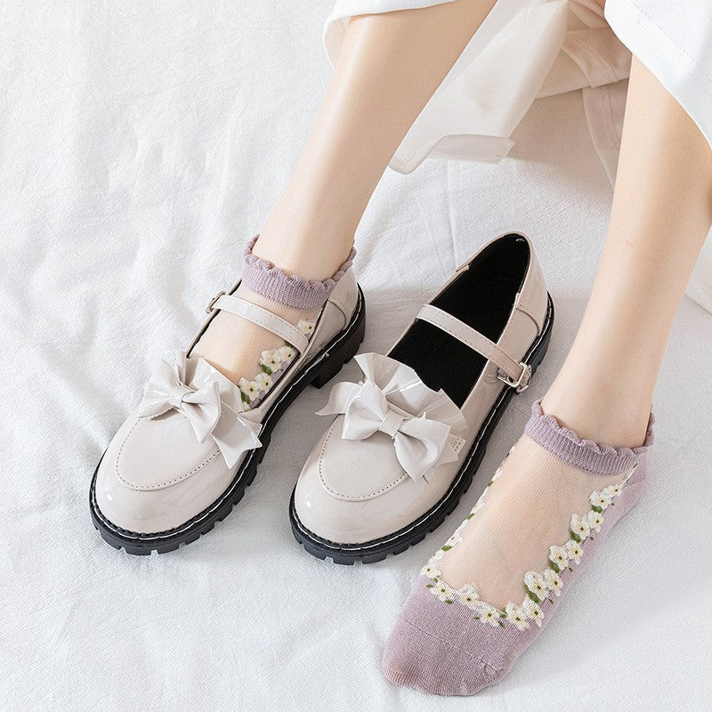 Women’s Crystal Lace Boat Socks – Thin Spun Glass Sheer Ankle Socks