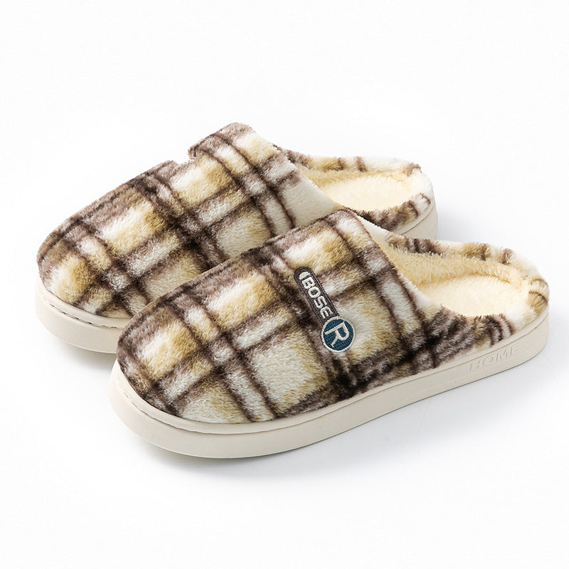 Women’s Home Plush Warm Non-Slip Plaid Cotton Shoes – Cozy Indoor Winter Slippers