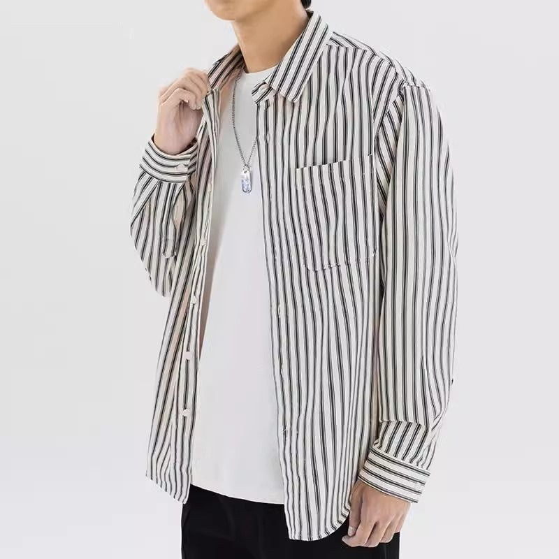Men’s Loose Retro Striped Shirt – Trendy All-Match Casual Long Sleeve Streetwear