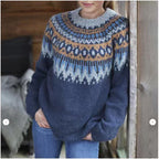 Round Neck Jacquard Vintage Print Pullover Sweater – Retro Casual Knitwear for Men & Women