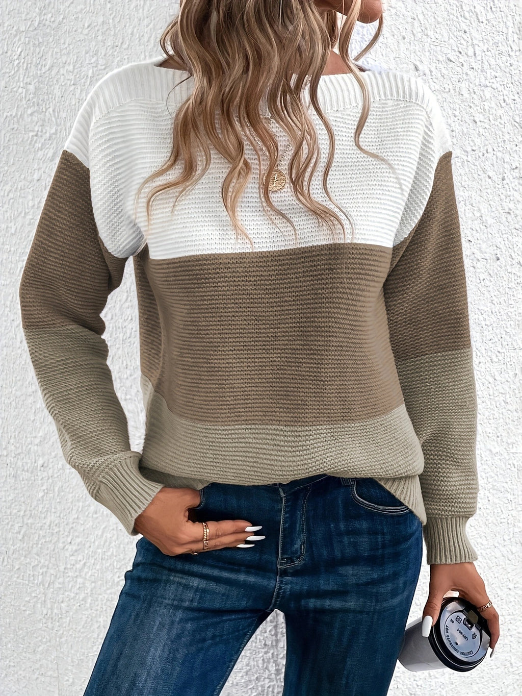 Women’s Pullover Knitted Sweater – Fashion Round Neck Splicing Loose Knit Top