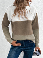 Women’s Pullover Knitted Sweater – Fashion Round Neck Splicing Loose Knit Top
