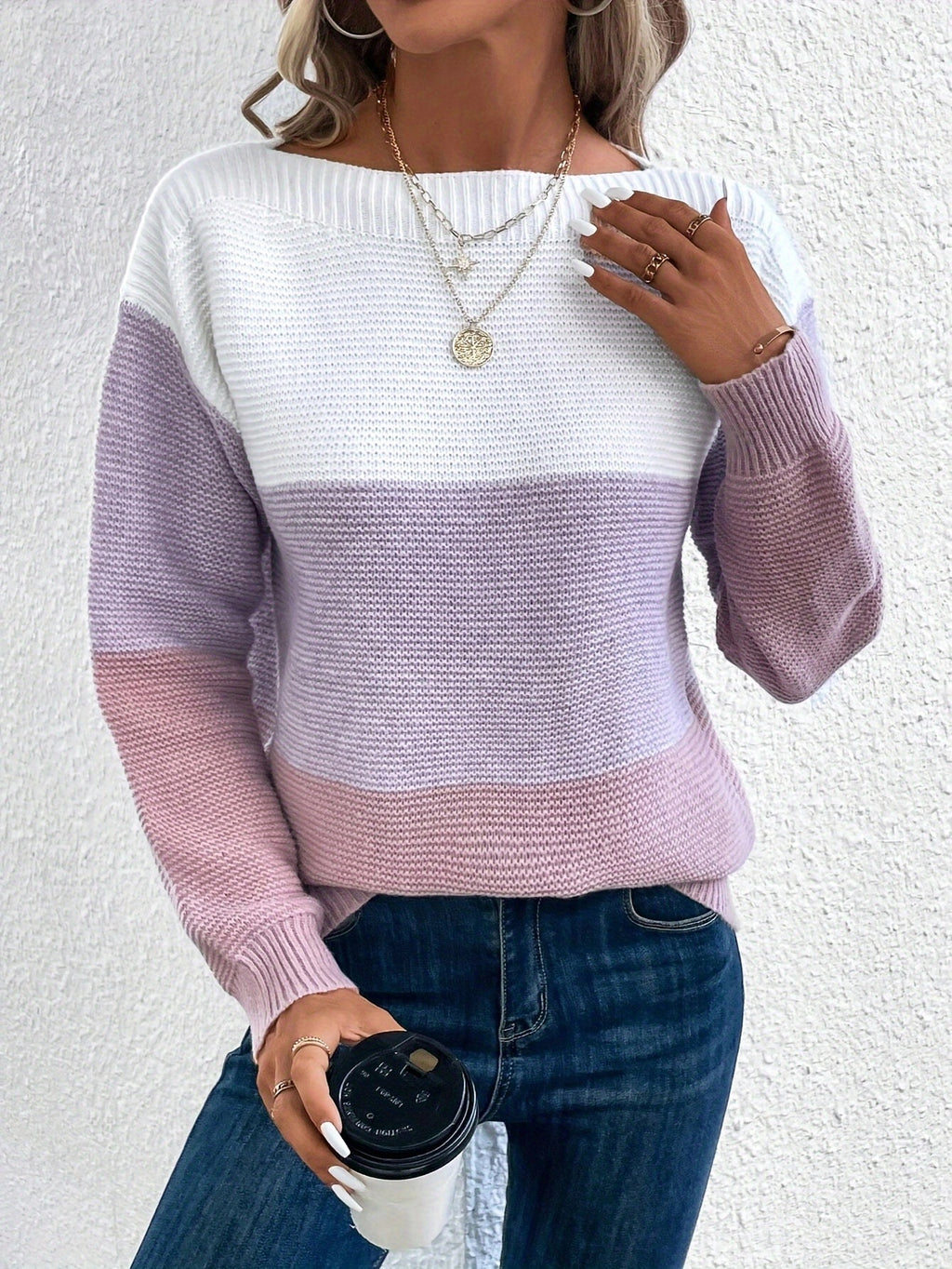 Women’s Pullover Knitted Sweater – Fashion Round Neck Splicing Loose Knit Top