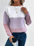 Women’s Pullover Knitted Sweater – Fashion Round Neck Splicing Loose Knit Top