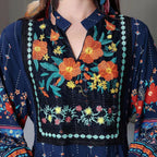 Women’s Ethnic V-Neck Embroidered Floral Maxi Dress – Long Sleeve A-Line Dress with Printed Hem