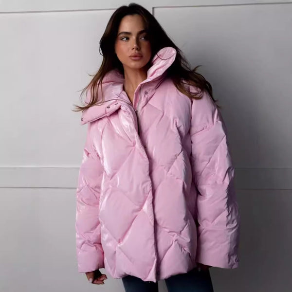 Women’s Baggy Matte Glossy Lapel Cotton-Padded Coat – Casual Warm Winter Jacket