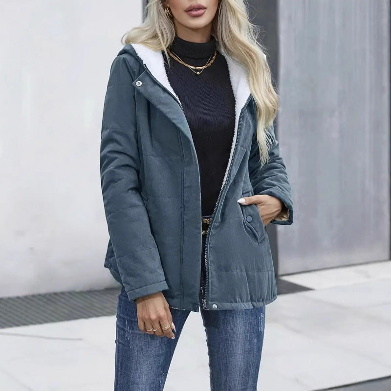 Women’s Fleece-Lined Hooded Coat – Preppy Style Warm Cotton Jacket with Pockets for Winter