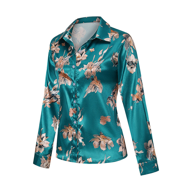 Women’s Satin Lapel Long Sleeve Shirt – Elegant Full Button Tapered Waist Top for Spring & Autumn