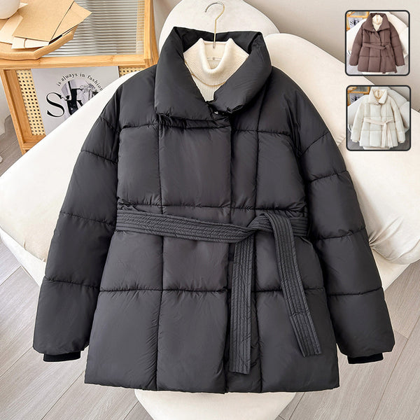 Women’s Winter Plaid Lapel Coat – Lace-Up Design Thick Loose Outerwear Jacket for Stylish Warmth