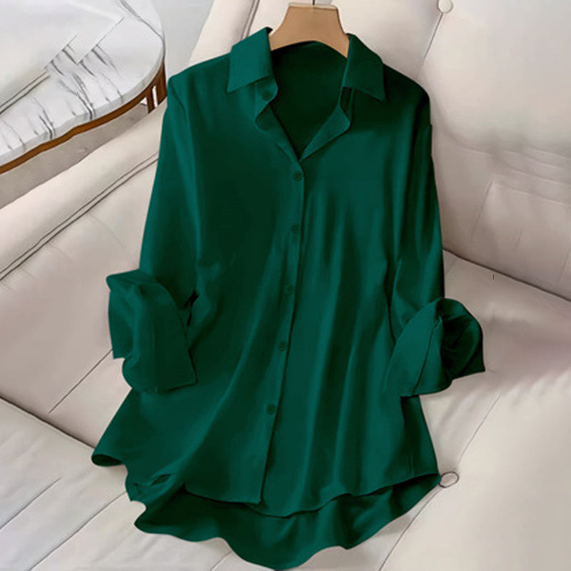 Plus Size Women’s Lapel Long Sleeve Shirt – Casual Solid Color Full Button Office Blouse