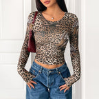 Women’s Vintage Leopard Print Long Sleeve T-Shirt – Casual Animal Print Top for Daily Wear