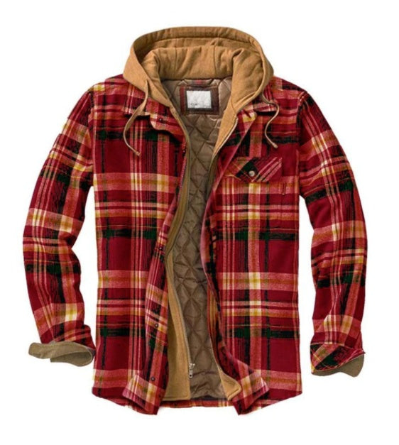 Men’s Thickened Cotton-Padded Plaid Hooded Jacket – Warm Loose Long Sleeve Winter Coat