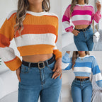 Women's Color-Block Lantern Sleeve Cropped Sweater – Casual Knit Pullover for Fall & Winter