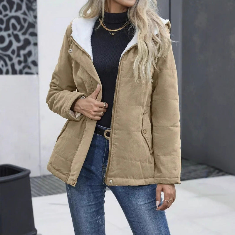 Women’s Fleece-Lined Hooded Coat – Preppy Style Warm Cotton Jacket with Pockets for Winter