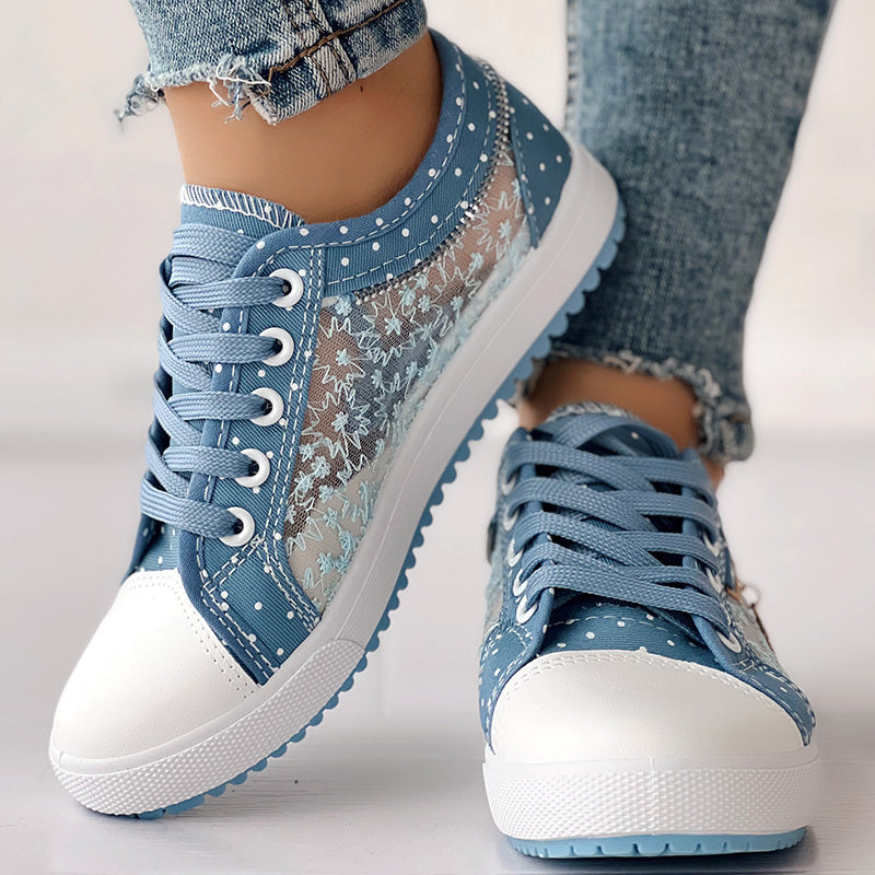 Floral Embroidered Polka Dot Print Sneakers – Trendy Casual Lace-Up Shoes for Women