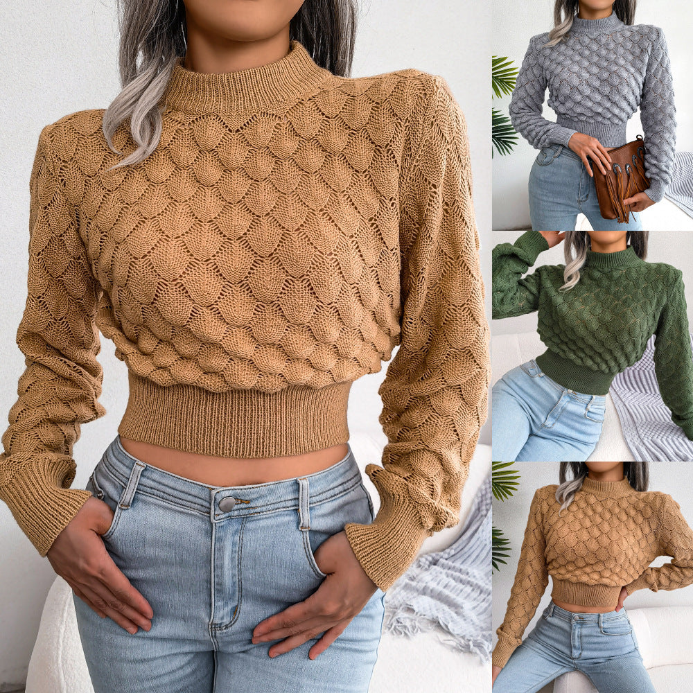 Women's 3D Diamond Pattern Cropped Knit Sweater – Long Sleeve Cozy Pullover for Autumn & Winter