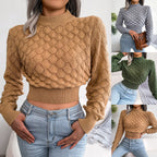 Women's 3D Diamond Pattern Cropped Knit Sweater – Long Sleeve Cozy Pullover for Autumn & Winter