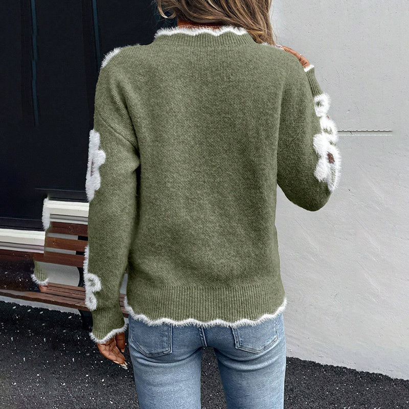 Women’s Fall Floral V-Neck Sweater – Long Sleeve Pullover with Scallop Trim