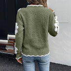 Women’s Fall Floral V-Neck Sweater – Long Sleeve Pullover with Scallop Trim