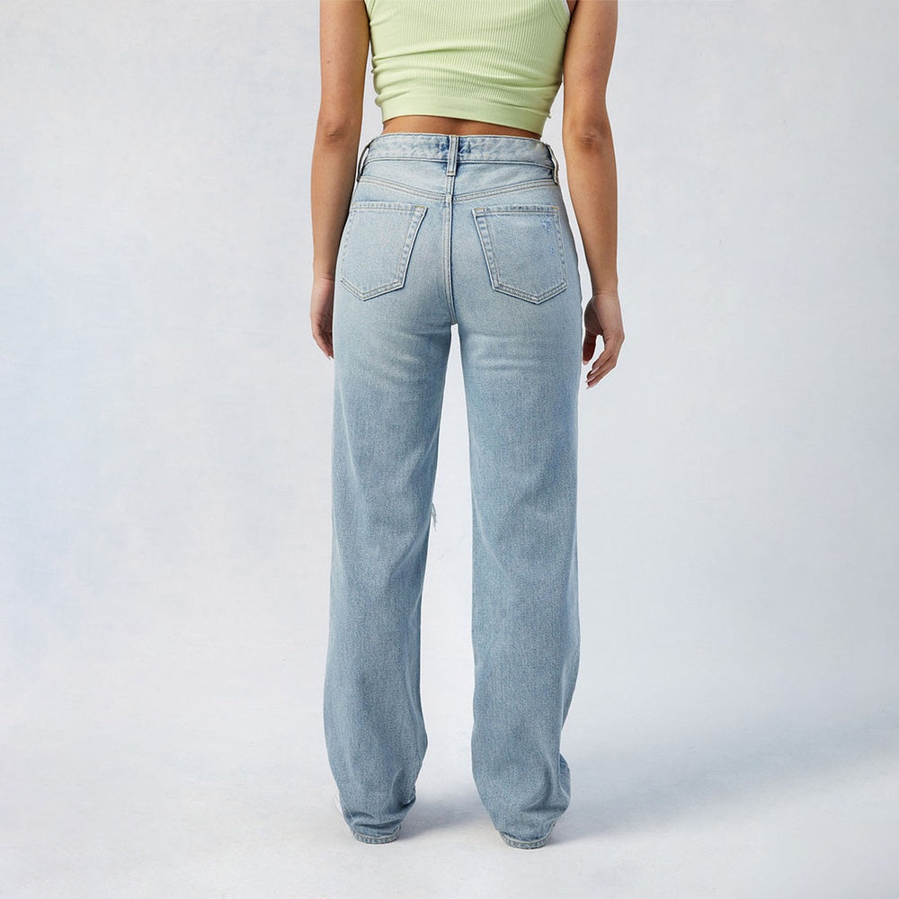 Women’s High-Waist Wide-Leg Jeans – Center-Pleat Full-Length Cotton Denim for All Seasons