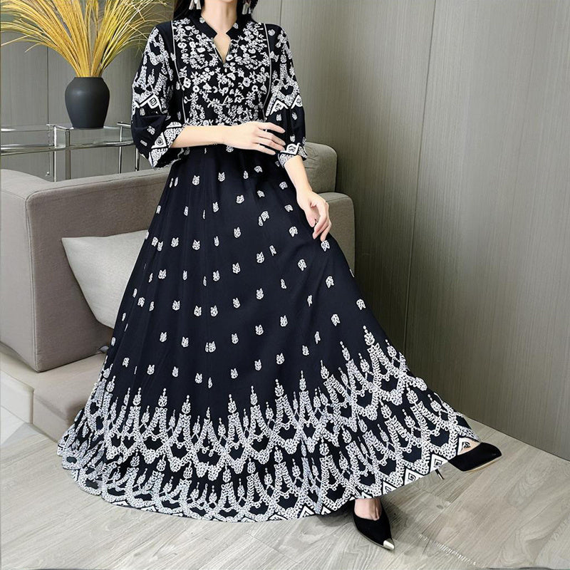 Women’s Bohemian Embroidery V-Neck Dress – Elegant 3/4 Sleeve A-Line Swing Maxi Dress