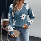 Women’s Fall Floral V-Neck Sweater – Long Sleeve Pullover with Scallop Trim