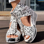 Round Toe Leopard Print Wedge Heels – Stylish Fish Mouth Casual High Heel Shoes for Women