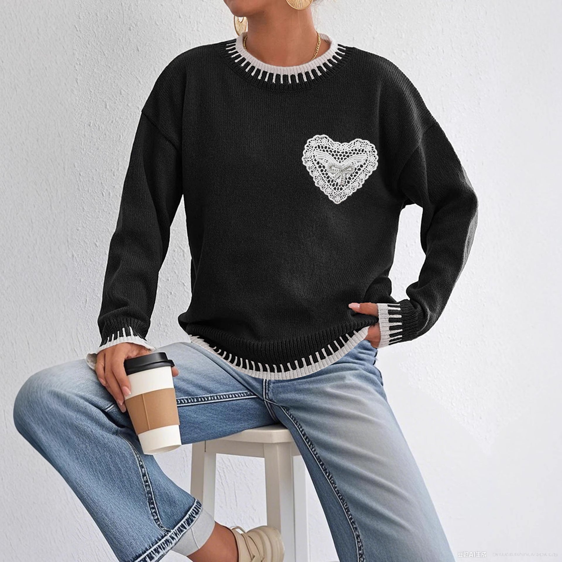 Women’s Color Contrast Patchwork Pullover Sweater – Loose Knit Casual Winter Top