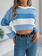 Women's Color-Block Lantern Sleeve Cropped Sweater – Casual Knit Pullover for Fall & Winter