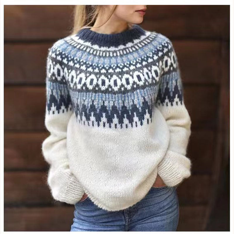 Round Neck Jacquard Vintage Print Pullover Sweater – Retro Casual Knitwear for Men & Women