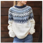 Round Neck Jacquard Vintage Print Pullover Sweater – Retro Casual Knitwear for Men & Women